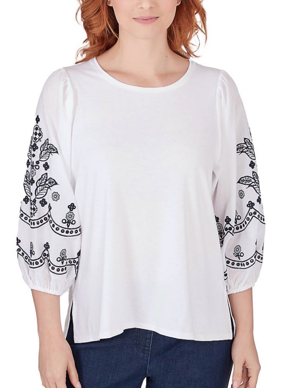 Ruby Rd Scoop Neck Embroidered Knit Top 1X White Black